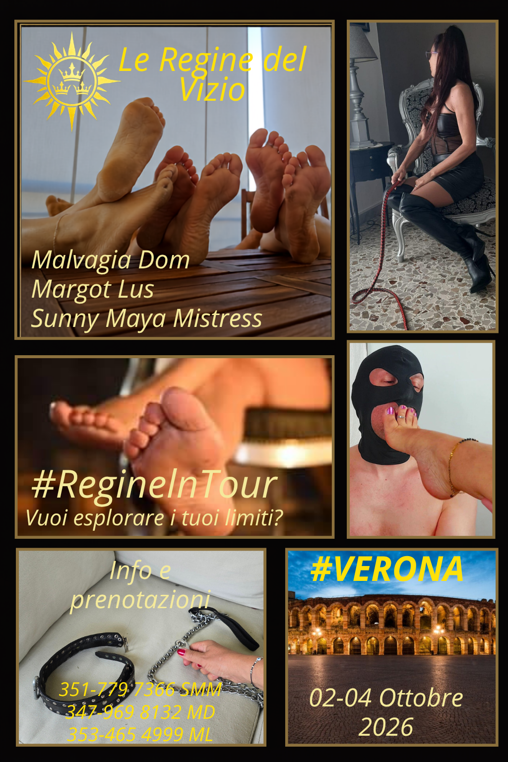 Locandina Le Regine del Vizio a Verona, evento BDSM con Sunny Maya Mistress, Margot Lus e Malvagia Dom dal 2 al 4 ottobre 2026